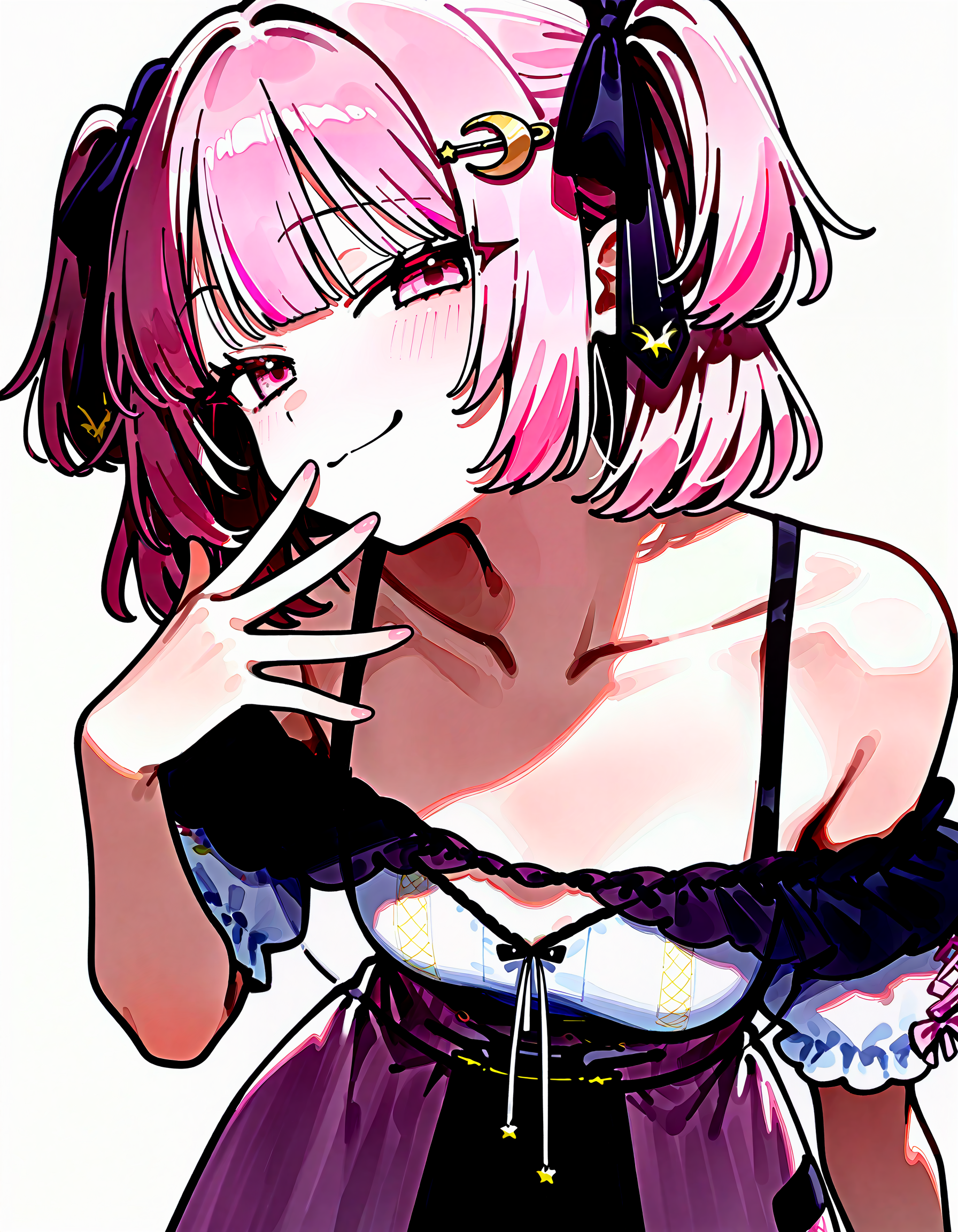 (masterpiece, best quality, very awa, newest, very aesthetic, highres, absurdres:1.2), simple background, white background,  BREAK
1girl, solo, <lora:char_lemonleaf-ill-v1.1:0.85> lemonleaf, crescent hair ornament, two side up, pink eyes, pink hair, white shirt,
looking at viewer, smug,small breasts, leaning forward, hand to own mouth, finger to mouth, closed mouth, hand up, collarbone, BREAK
<lora:spo_sdxl_10ep_4k-data_lora_webui:0.85>, <lora:illustrious_noobai_epsilon_pred_1_best_quality_v1:0.85> , <lora:add-detail-xl:0.3> ,
<lora:ponyv5_noobE11_1_adamW:0.4>, <lora:HandFixer_pdxl_Incrs_v1:0.5>, handfixer,