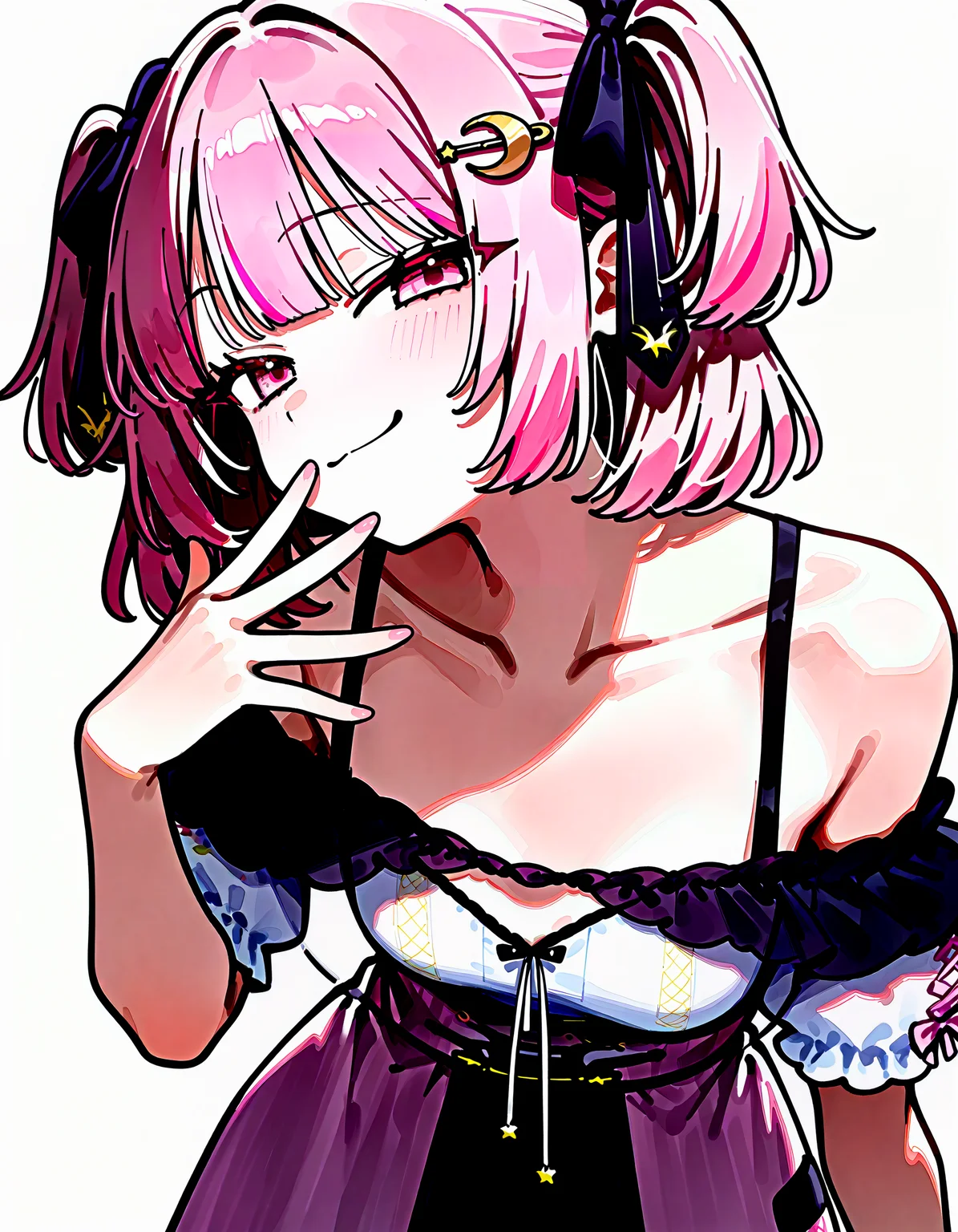 (masterpiece, best quality, very awa, newest, very aesthetic, highres, absurdres:1.2), simple background, white background, BREAK
1girl, solo, <lora:char_lemonleaf-ill-v1.1:0.85> lemonleaf, crescent hair ornament, two side up, pink eyes, pink hair, white shirt,
looking at viewer, smug,small breasts, leaning forward, hand to own mouth, finger to mouth, closed mouth, hand up, collarbone, BREAK
<lora:spo_sdxl_10ep_4k-data_lora_webui:0.85>, <lora:illustrious_noobai_epsilon_pred_1_best_quality_v1:0.85> , <lora:add-detail-xl:0.3> ,
<lora:ponyv5_noobE11_1_adamW:0.4>, <lora:HandFixer_pdxl_Incrs_v1:0.5>, handfixer,