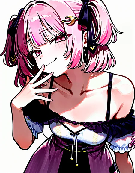 (masterpiece, best quality, very awa, newest, very aesthetic, highres, absurdres:1.2), simple background, white background, BREAK
1girl, solo, <lora:char_lemonleaf-ill-v1.1:0.85> lemonleaf, crescent hair ornament, two side up, pink eyes, pink hair, white shirt,
looking at viewer, smug,small breasts, leaning forward, hand to own mouth, finger to mouth, closed mouth, hand up, collarbone, BREAK
<lora:spo_sdxl_10ep_4k-data_lora_webui:0.85>, <lora:illustrious_noobai_epsilon_pred_1_best_quality_v1:0.85> , <lora:add-detail-xl:0.3> ,
<lora:ponyv5_noobE11_1_adamW:0.4>, <lora:HandFixer_pdxl_Incrs_v1:0.5>, handfixer,