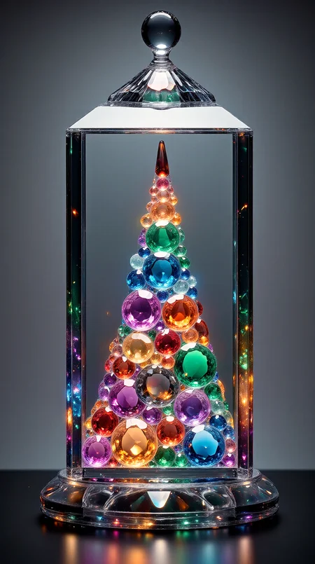 a glass cube, tinted with wild colorations, contains a pyramid built from  emeralds, rubies and sapphires.  All the gems are emerald cut.  