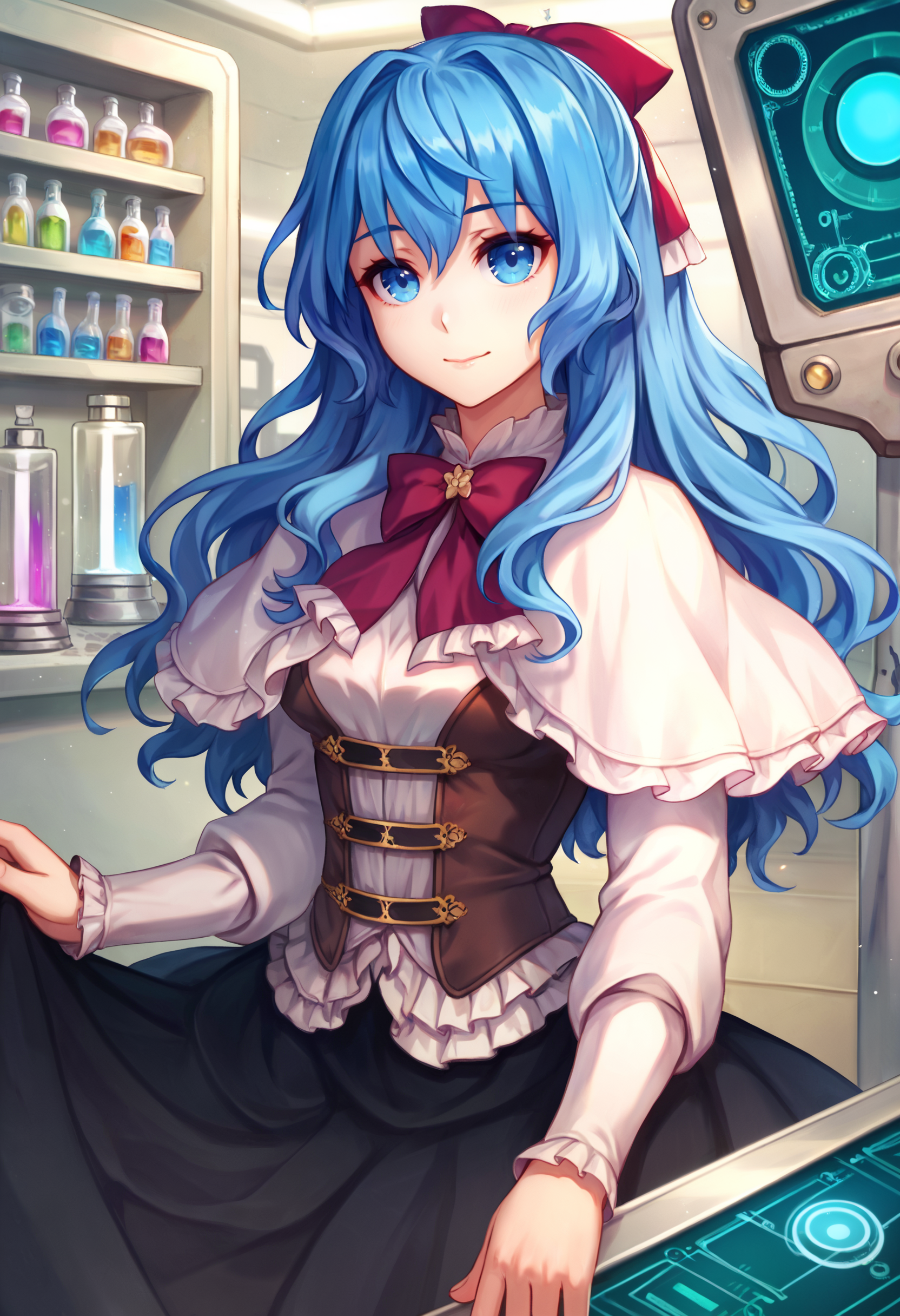 zPDXL, 1girl, solo, BREAK
liselotte, blue hair, blue eyes, 
closed mouth,
bowtie, corset, long skirt, capelet, black skirt,
cowboy shot,
indoors, laboratory, 
<lora:BrainwashSlider_seductive_000000950:3> <lora:liselotte-ot6-1320:0.8>