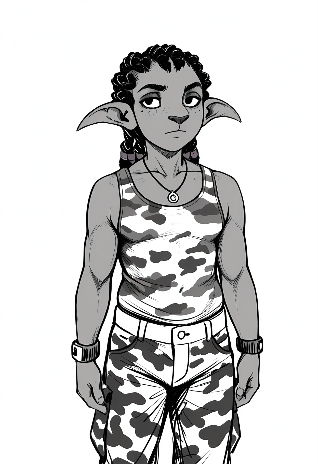 masterpiece, best quality, amazing quality,  white background, sketch, black and white, monochrome, BREAK
solo, male, khris_camel, dark skin, black hair, pointed ears, necklace, camouflage tank top, camouflage pants, bracelets, BREAK
<lora:cfg_scale_boost:.5> <lora:Khristofer_Camel_-_ILXL:1> <lora:Hladilnik_Sketch_-_ILXL_Artist_Style:1>