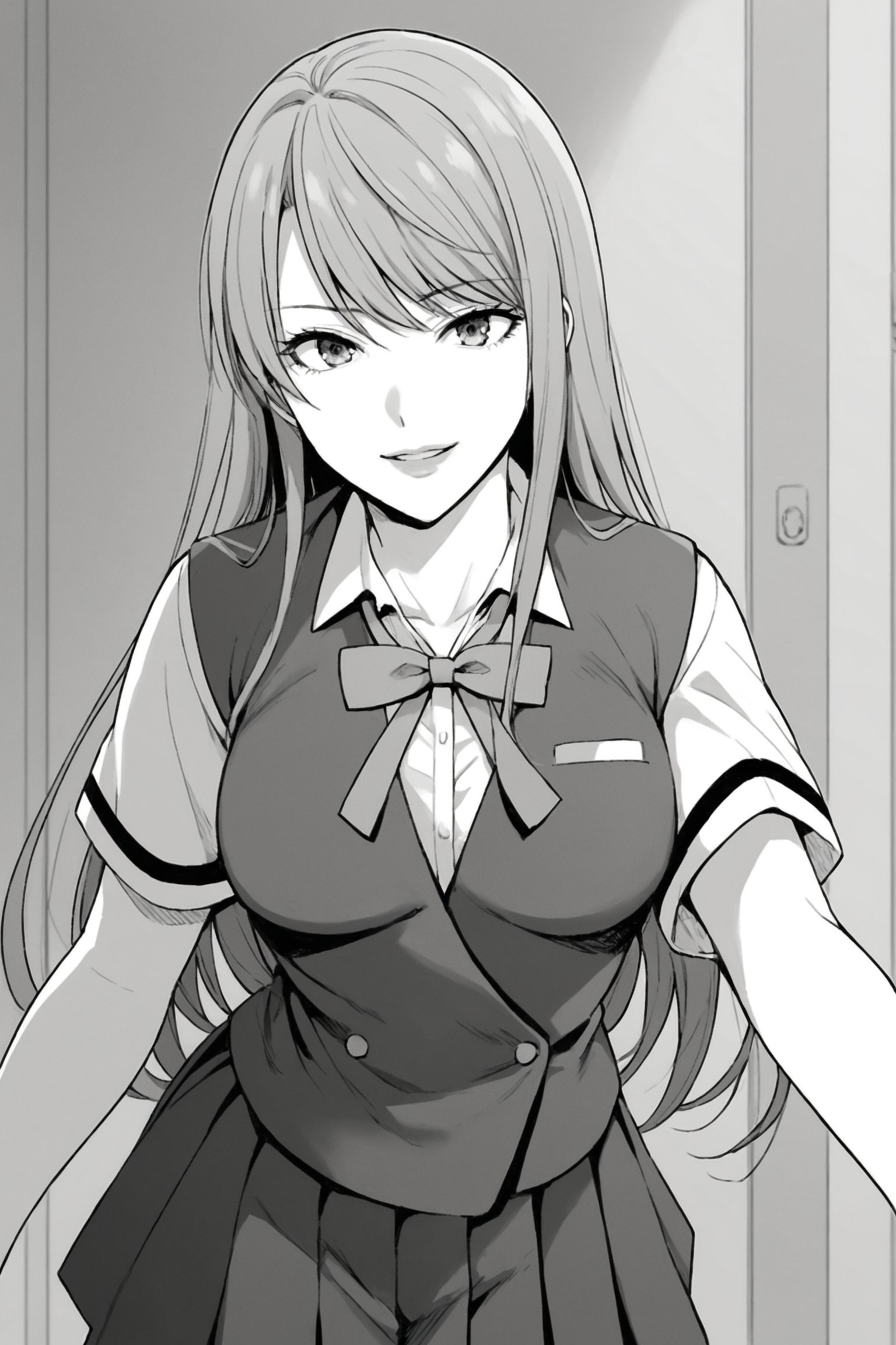 score_9, score_8_up, score_7_up, score_6_up, score_5_up, source_anime, rating_safe, indoors, 1girl, solo, medium breasts, looking at viewer, <lora:age_slider_v4:2>, houjou ayame, purple hair, long hair, purple eyes, lips, school uniform, short sleeves, blue vest, white shirt, collared shirt, green bowtie, untucked vest, blue skirt, pleated skirt, black thighhighs, zettai ryouiki, loafers, <lora:Ayame_Houjou:0.8>