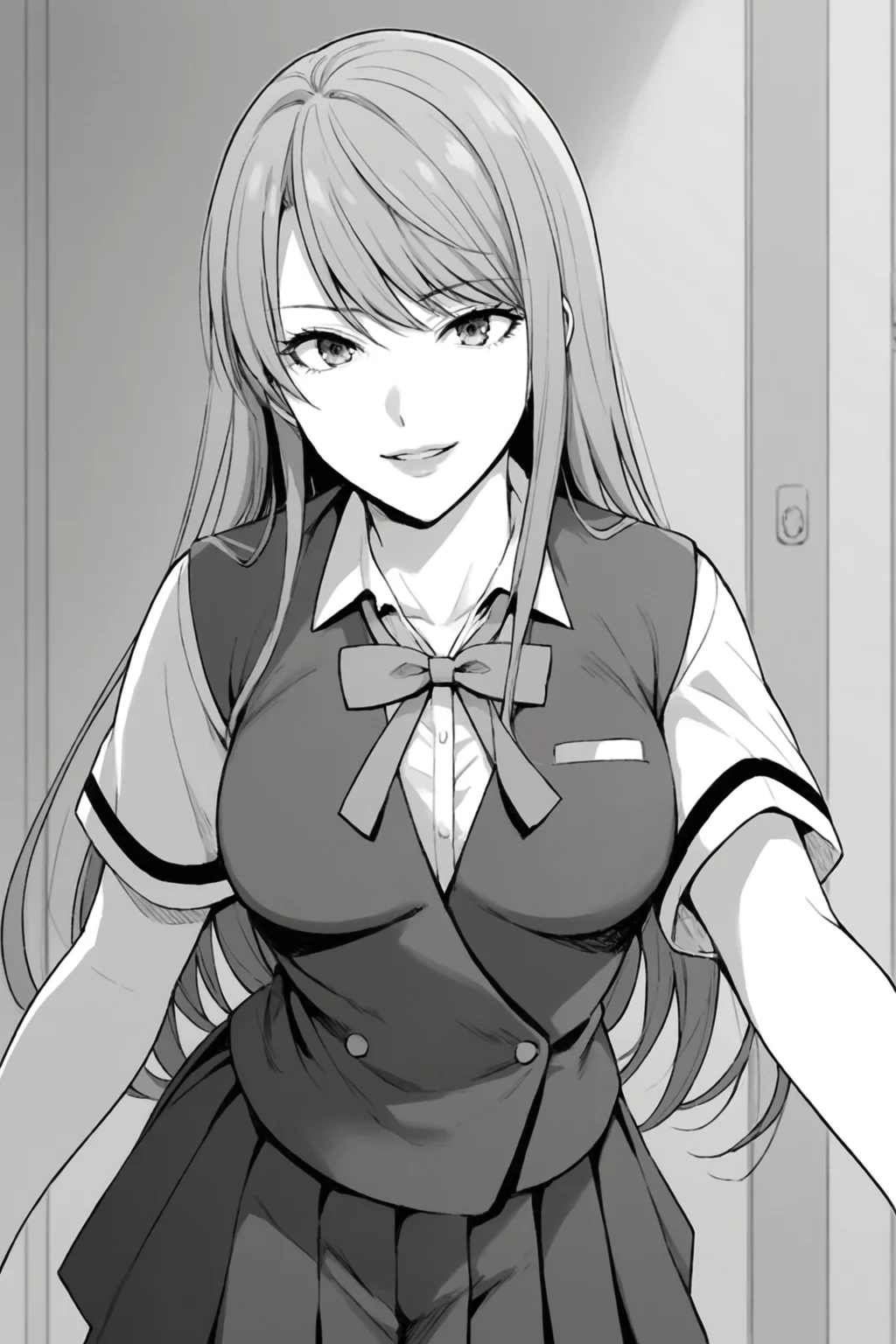 score_9, score_8_up, score_7_up, score_6_up, score_5_up, source_anime, rating_safe, indoors, 1girl, solo, medium breasts, looking at viewer, <lora:age_slider_v4:2>, houjou ayame, purple hair, long hair, purple eyes, lips, school uniform, short sleeves, blue vest, white shirt, collared shirt, green bowtie, untucked vest, blue skirt, pleated skirt, black thighhighs, zettai ryouiki, loafers, <lora:Ayame_Houjou:0.8>