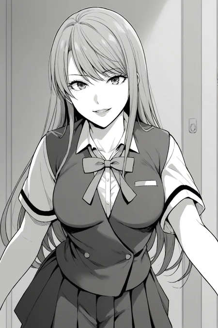 score_9, score_8_up, score_7_up, score_6_up, score_5_up, source_anime, rating_safe, indoors, 1girl, solo, medium breasts, looking at viewer, <lora:age_slider_v4:2>, houjou ayame, purple hair, long hair, purple eyes, lips, school uniform, short sleeves, blue vest, white shirt, collared shirt, green bowtie, untucked vest, blue skirt, pleated skirt, black thighhighs, zettai ryouiki, loafers, <lora:Ayame_Houjou:0.8>