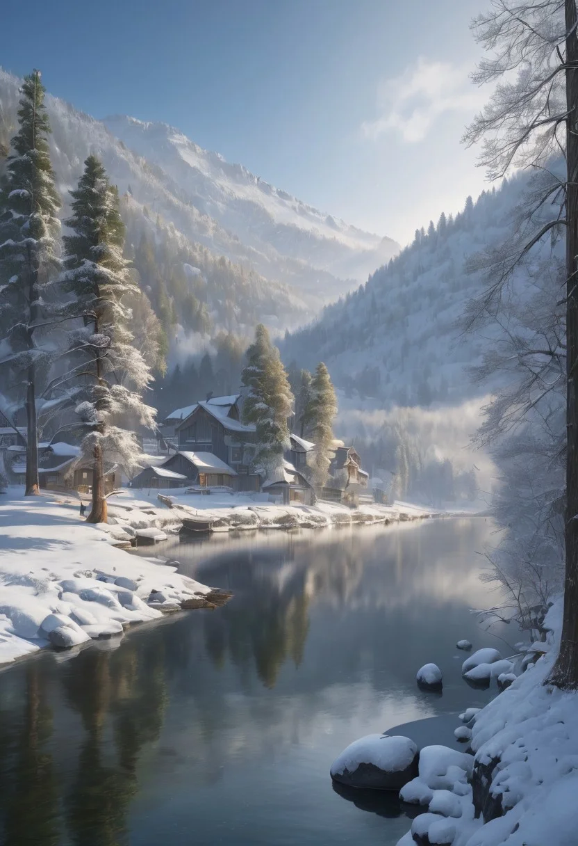 8k, breathtaking, view of a snowy forest by the riverside,  riverside village, morning lake mist, masterpiece, highly detailed, undefined, snow, mist, style-nebmagic.