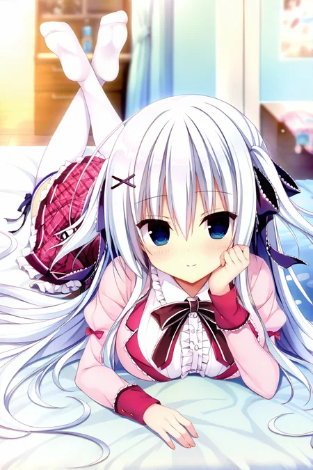 masterpiece,best quality,amazing quality,highres,scenery,newest,1girl,official style,ruri1, white hair, light blue hair, very long hair, blue eyes, two side up, dark purple hair ribbon, x hair ornament,school uniform, scl jacket, brown bowtie, puffy long sleeves, center frills, scl skirt, pleated skirt, pink plaid skirt, frilled skirt, white thighhighs, scl thighhighs, <lora:ruri2:1>,bedroom,bed,the pose,hand rest,soles,looking at viewer, smile,