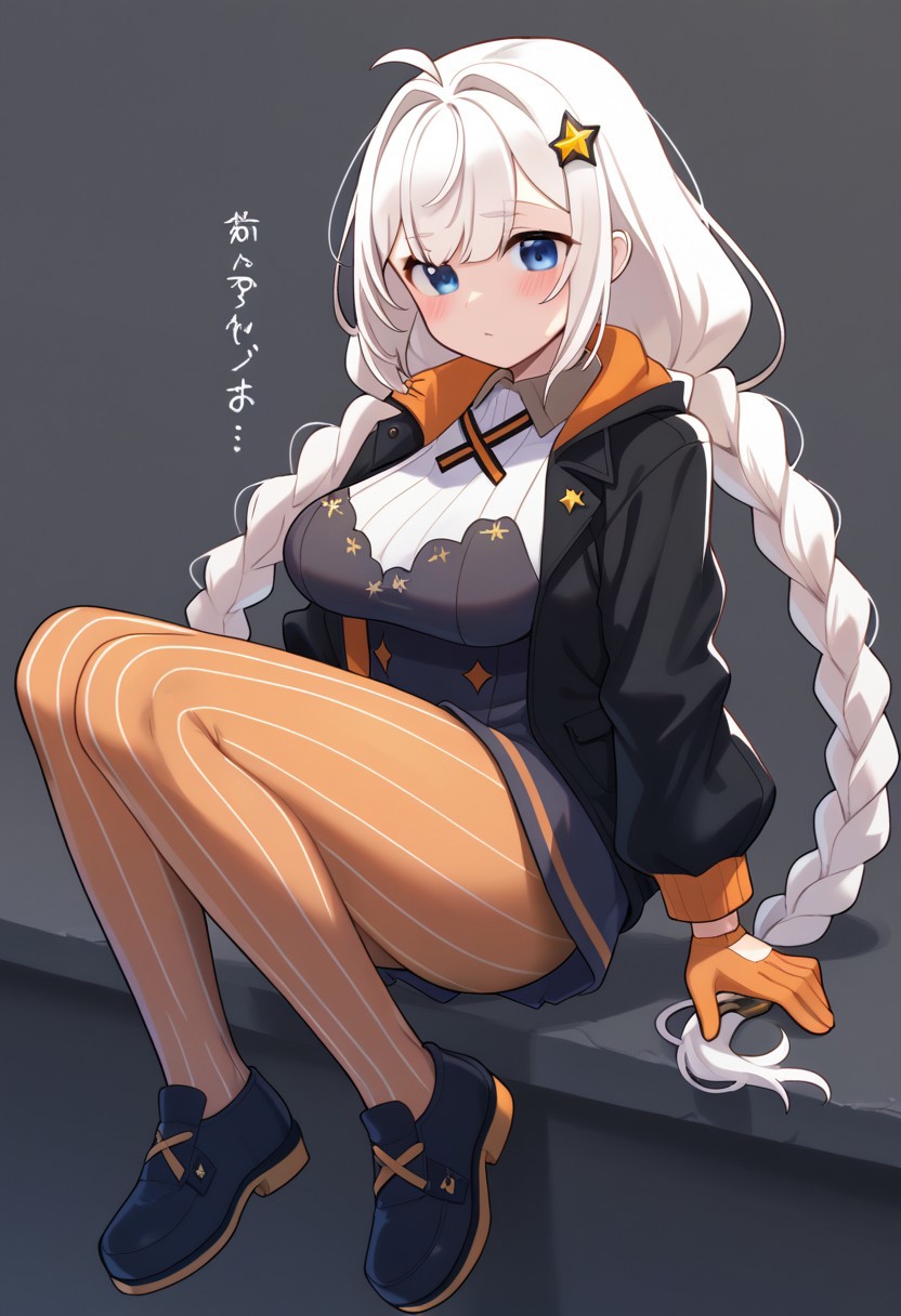 kizuna akari, orange pantyhose, long hair, braid, blue eyes, pantyhose, white hair, dress, hair ornament, ahoge, jacket, twin braids, breasts, shoes, striped, black jacket, star (symbol), very long hair, gradient, black footwear, long sleeves, striped pantyhose, blush, bangs, medium breasts, orange gloves, large breasts, vertical-striped pantyhose
