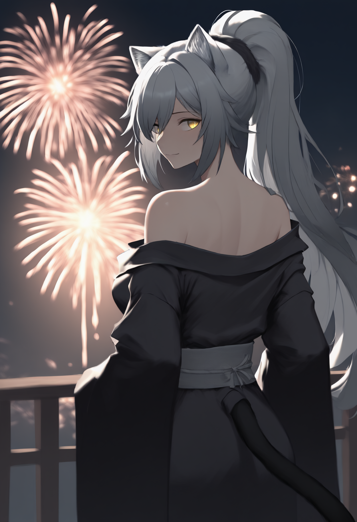 anime, masterpiece, best quality, newest, from behind, solo, 1girl, schw4rzdef, cat tail, slight smile, looking back, grey hair, ponytail, animal ears, animal ear fluff, yellow eyes, japanese clothes, black kimono, off shoulder, grey sash, bare shoulders, outdoors, night, fireworks
<segment:yolo-Anzhc Face seg 640 v2 y8n.pt,0.4,0.5//cid=1>