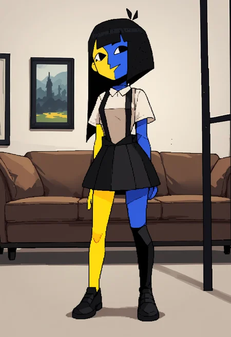 score_9, score_8_up, score_7_up, score_6_up, score_5_up, score_4_up, 1girl, <lora:Ena:0.9> solo, colored skin, yellow skin, blue skin, black eyes, suspenders, shirt, short sleeves, black skirt, black shoe, black boot, standing,
living room background,