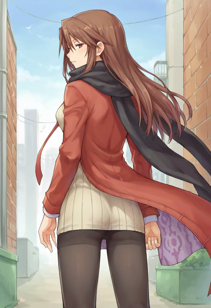 score_9,score_8_up,score_7_up,anime coloring BREAK source_anime,anime,<lora:Paffel_Hazel_summon_night:0.8>,hazel,1girl,solo,brown hair,long hair,brown eyes,scarf,pantyhose,red coat,sweater,black scarf,outdoors,city alley,from behind,looking back,