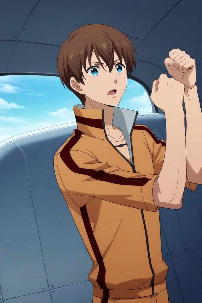 score_9, score_8_up, score_7_up, source_anime, rating_safe, , anime screencap, , official style, , , 1boy, solo, male focus, <lora:kensuke_hanasaki_pony:0.94>, kensuke_hanasaki, brown hair, blue eyes, short hair, hair between eyes, wide angle, wide shot, cowboy shot, plane, dawn, flexing, open mouth, , <lora:sdxl_lightning_8step_lora:1>