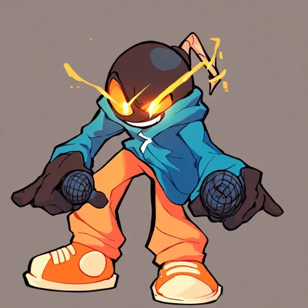 score_9, score_8_up, score_7_up, source_cartoon, solo, 1boy, full body, high definition, high resolution, hold microphone, smiling, WhittyPXL, black skin, black body, glowing eyes, orange sclera, blue jacket, orange pants, orange shoes