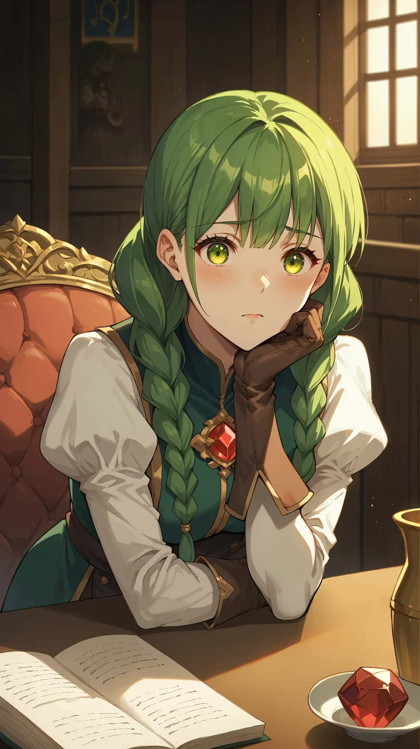 score_9,score_8_up,score_7_up,score_6_up, source_anime, zPDXL3, <lora:xl_more_art-full_v1:0.5>, girl, dynamic pose, head rest, <lora:Rishia Ivyred - Pony-000004:0.8>, green hair, twin braids, long braids, green eyes, puffy sleeves, green and white dress, leather gloves, red gem, fantasy, interior, inn, shy,