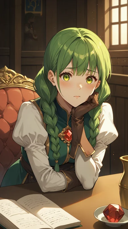 score_9,score_8_up,score_7_up,score_6_up, source_anime, zPDXL3, <lora:xl_more_art-full_v1:0.5>, girl, dynamic pose, head rest, <lora:Rishia Ivyred - Pony-000004:0.8>, green hair, twin braids, long braids, green eyes, puffy sleeves, green and white dress, leather gloves, red gem, fantasy, interior, inn, shy,