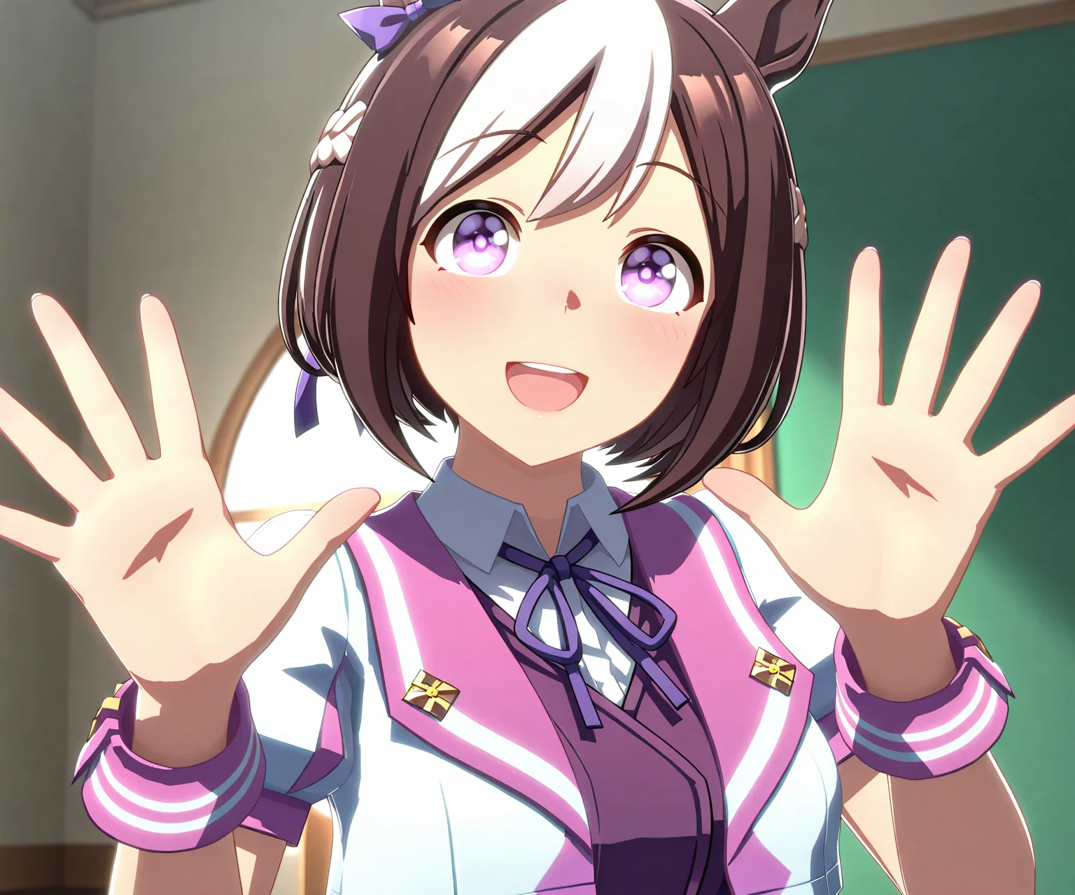 masterpiece, best quality, amazing quality, , 1girl, solo,  looking at viewer, smile, open mouth,  <lora:Special Week in game style 3D ILL-v2:1> ummsmingame, 3d, special week \(umamusume\),