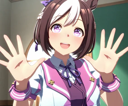 masterpiece, best quality, amazing quality, , 1girl, solo, looking at viewer, smile, open mouth, <lora:Special Week in game style 3D ILL-v2:1> ummsmingame, 3d, special week \(umamusume\),