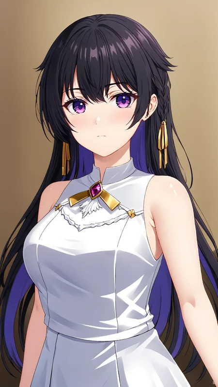 masterpiece, best quality,
<lora:tinasha.sdxl.v3:0.55> tinasha
black hair, purple eyes,
1girl, solo, white vest, golden brooch,
white dress,sleeveless,
<lora:kana_kashiwazaki-sdxl:0.9> kanakashiwazaki