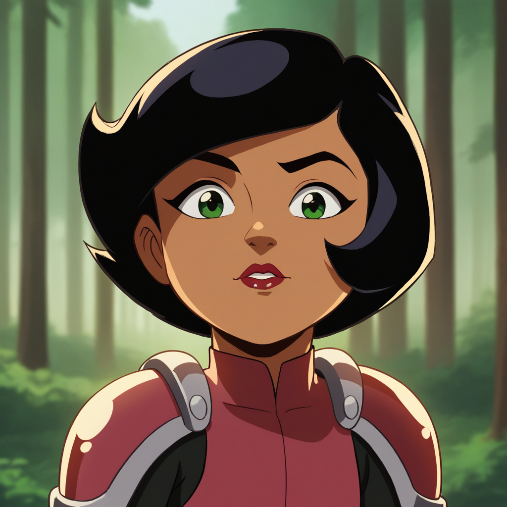 score_9_up, score_8_up, BREAK, 1girl, solo, Megan, black hair, short hair, green eyes, dark skin, lipstick,  bodysuit,  shoulder pads, armor, upper body, <lora:Megan_SpieZ_PXL_Leaf4:0.8>, outdoors, depth of field, looking at viewer, forest,