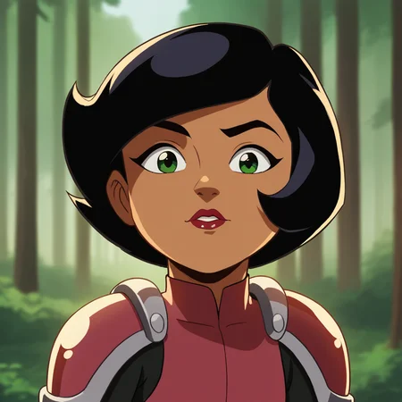 score_9_up, score_8_up, BREAK, 1girl, solo, Megan, black hair, short hair, green eyes, dark skin, lipstick, bodysuit, shoulder pads, armor, upper body, <lora:Megan_SpieZ_PXL_Leaf4:0.8>, outdoors, depth of field, looking at viewer, forest,