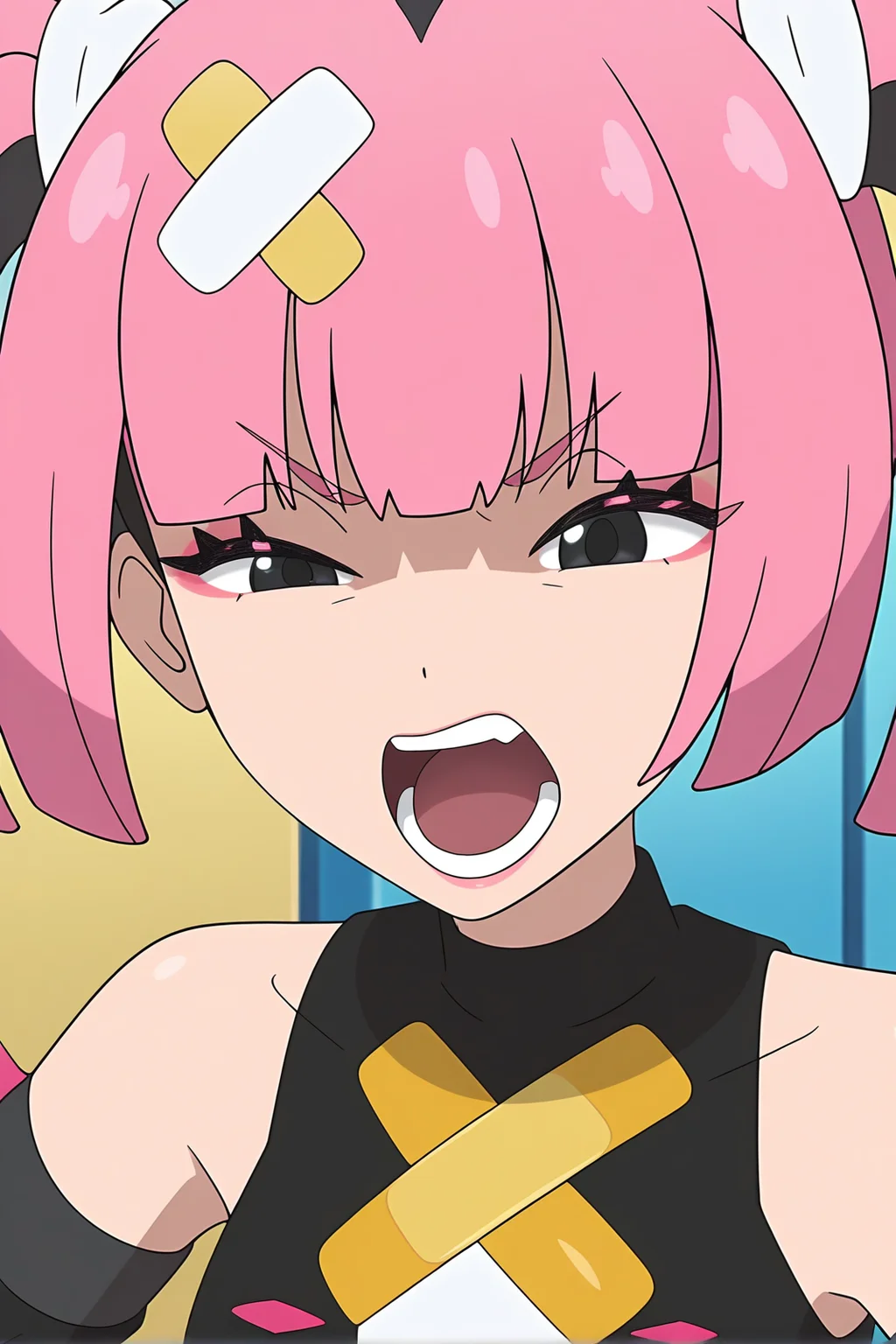 anime screencap, pokemon, pokemon horizons, coralmv, 1girl, solo, open mouth, shirt, hair ornament, bare shoulders, twintails, upper body, pink hair, teeth, detached sleeves, sleeveless, tongue, blunt bangs, black eyes, black shirt, eyelashes, sleeveless shirt, makeup, eyeshadow, lower teeth only, half-closed eye, pink eyeshadow, indoors, v-shaped eyebrows, angry, meme, coral \(pokemon\)
<lora:Coral_2outf:1>