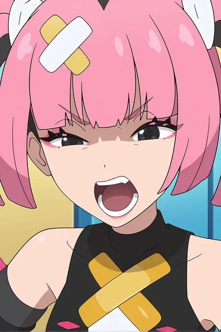 anime screencap, pokemon, pokemon horizons, coralmv, 1girl, solo, open mouth, shirt, hair ornament, bare shoulders, twintails, upper body, pink hair, teeth, detached sleeves, sleeveless, tongue, blunt bangs, black eyes, black shirt, eyelashes, sleeveless shirt, makeup, eyeshadow, lower teeth only, half-closed eye, pink eyeshadow, indoors, v-shaped eyebrows, angry, meme, coral \(pokemon\)
<lora:Coral_2outf:1>