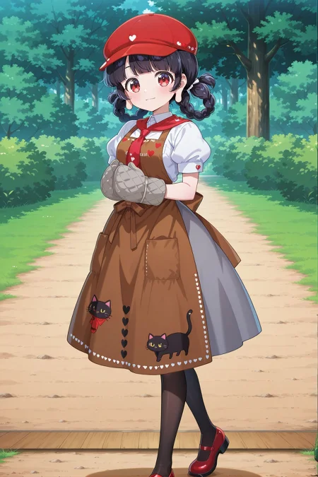 absurdres, highres, masterpiece, best quality, amazing quality, official anime artwork, screencap, anime screencap, outdoors, looking at viewer, light smile, dynamic pose,
<lora:Narumi-Yatadera_Illustrious:1> yatadera narumi, 1girl, solo, red eyes, black hair, braided hair rings, long earlobes,, yatadera narumi \(jizou praying for kids' good health\), alternate costume, alternate headwear, red headwear, beret, baseball cap, red beret, print headwear, heart print, red neckerchief, collared shirt, white shirt, puffy short sleeves, brown apron, print apron, cat print,  grey skirt, black pantyhose, red shoes, mary janes, grey mitts,