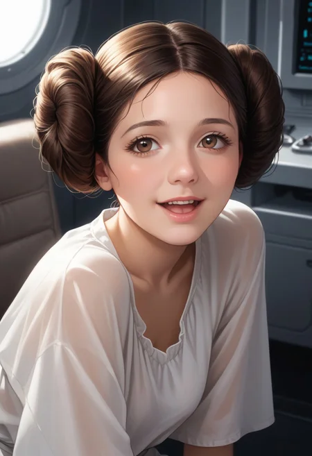 score_9, score_8_up, score_7_up, source_anime,high quality, highly detailed, flat illustration, rim lighting,
masterpiece, realistic, best quality, highly detailed,
1girl, (very aesthetic:1), (close-up:1.3),
princessleia, 1girl, solo, brown hair, hair buns, brown eyes,
sitting in a captains chair in a spaceship,
head tilt, loose blouse, leaning forward , small hanging breasts, chatty, open mouth, talking, laughing, from side, from above