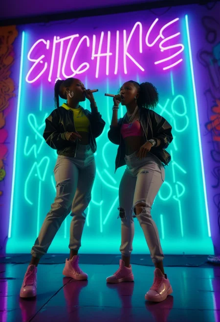 D4NC3RS, two (black women) standing in front of a neon colored wall, rapping, hip hop style, cinematic angle, cinematic lighting, best quality, masterpiece, masterpiece, detailed Nikon X3460, cinematic angle, cinematic lighting, hyperdetailed photography, soft light,(OverallDetailXL:1.55)