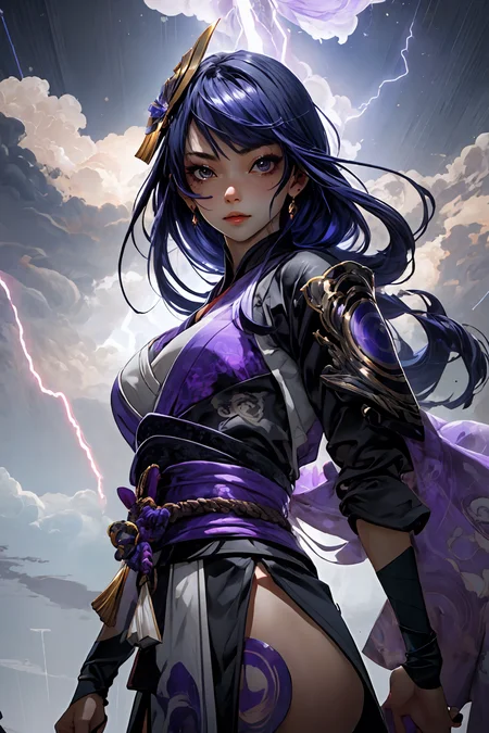 <lora:raidenShogunLora_raidenShogun:0.8> raiden shogun \(genshin impact\),
long purple hair, god, divine being, electricity, electro, (purple lightning:1.2), 
<lora:more_details:0.4>
 <lora:Cosmic anime-oil fusion v2:0.4> 
<lora:AnimeVibesV3:0.25> animevibes, 
<lora:3DMM_V11:0.5> 3DMM 
<lora:midjourney_20230624181825:0.4> midjourney ,
 <lora:LAS:0.25> colorful, 
<lora:msw_locon-t2:0.45>
 <lora:wuxia2:0.5> gu, shiny, shiny hair, shiny skin, shiny clothes