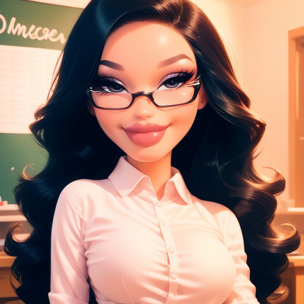 score_9, score_8_up, score_7_up, bratzxl, solo, 1girl, glasses, long hair, black hair, glasses, black eyes, smile, looking at viewer, medium breasts, tall woman, teacher, casual clothes, house background, masterpiece, detailed, Expressiveh