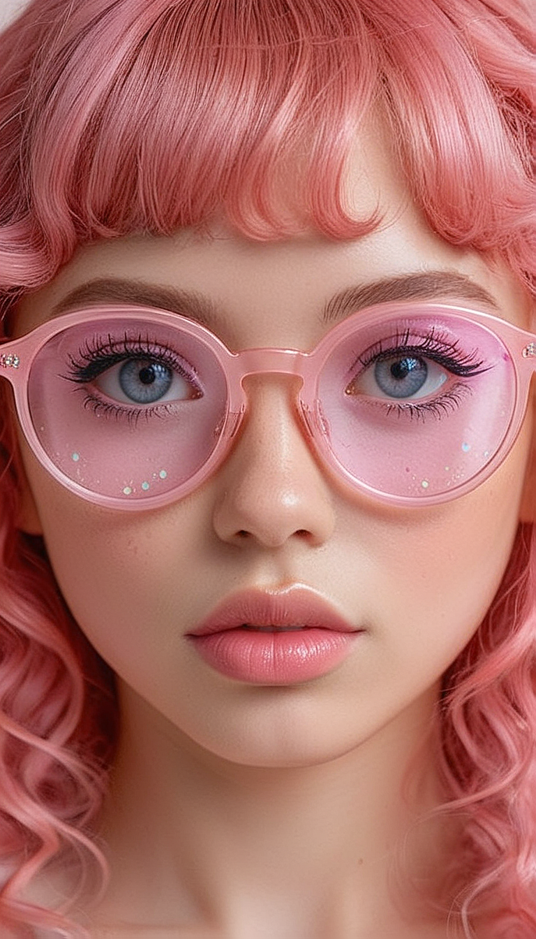 (in ARTIST style:1.9), (Frontal View:2) (striking active pose),CivChan,
Close-up gorgeous cute tsundere girl face, cute, pink bangs, freckles, striking pink large eyes, aligned eyes, mirror eyes, (half smile), pink wavy hair,
BREAK,
(wearing transparent pink glasses),  curly pink hair, 
extra long lashes, trendy portrait, 
tender Aesthetic nose, ears, puffy lips, sensual lips, detailed texture, detailed eyes, detailed skin, clean skin,
<lora:Someplastic_b:1>, (ultra sharp focus:1.8), (detailed skin:1.8), , (best quality:1.8),
<lora:Apparatus_-_Traction_City_Walkers_Vehicles:0.6>,
<lora:add-detail-xl:2> (ultra sharp focus:1.8), (detailed skin:1.8), , (best quality:1.8),
<lora:glowneon_xl_v1:0.7>