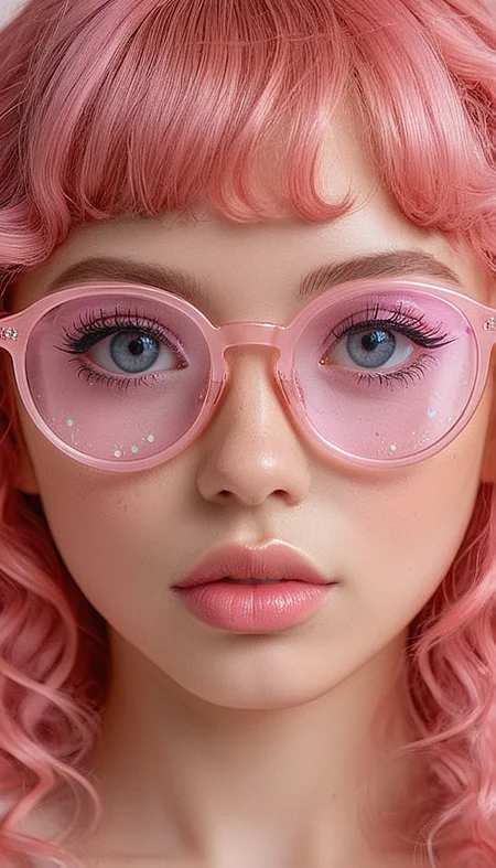 (in ARTIST style:1.9), (Frontal View:2) (striking active pose),CivChan,
Close-up gorgeous cute tsundere girl face, cute, pink bangs, freckles, striking pink large eyes, aligned eyes, mirror eyes, (half smile), pink wavy hair,
BREAK,
(wearing transparent pink glasses), curly pink hair,
extra long lashes, trendy portrait,
tender Aesthetic nose, ears, puffy lips, sensual lips, detailed texture, detailed eyes, detailed skin, clean skin,
<lora:Someplastic_b:1>, (ultra sharp focus:1.8), (detailed skin:1.8), , (best quality:1.8),
<lora:Apparatus_-_Traction_City_Walkers_Vehicles:0.6>,
<lora:add-detail-xl:2> (ultra sharp focus:1.8), (detailed skin:1.8), , (best quality:1.8),
<lora:glowneon_xl_v1:0.7>