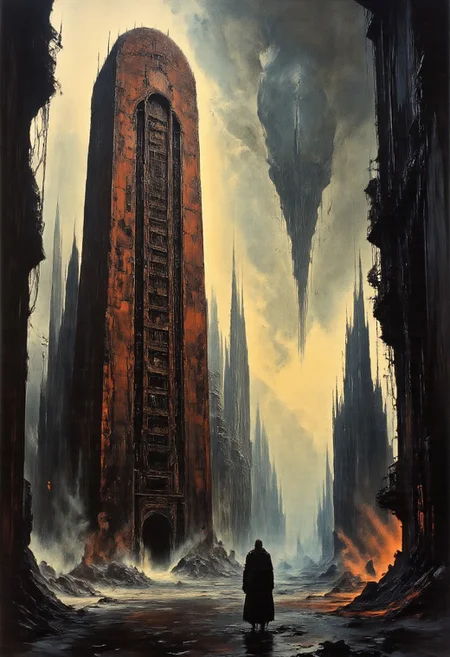 This surreal artwork depicting a dystopian cityscape under a heavy rainstorm. The scene is dominated by a massive, rusted, and decaying scifi structure, painted in shades of red and dark, with a texture that suggests years of neglect. This structure appears to be a towering, vertical building with numerous windows and vents, some of which are cracked or missing.
In the background, the cityscape features a mix of futuristic and industrial architecture, including towering strange skyscrapers and large, cylindrical structures, all covered in a thick layer of rain. The buildings are predominantly dark gray and black, with a few spots of light, possibly from streetlights or neon signs, adding contrast. The raindrops are depicted as tiny specks, creating a sense of heaviness and gloom.
In the background, a silhouettes is partially visible,  obscured by the rain,lurking, which hints at a dark fantasy or sci-fi element. The overall mood is bleak and desolate, with a focus on the harsh, gritty textures and the overwhelming presence of the rain.reflections,best quality,masterpiece,detailed,rich neon colors,glow,shimmer,cables,wires,color contrast,award-winning,disturbing,hard science fiction,futuristic,lost technology, melancholy,dramatic,tragic,visionary,sepia,dense fog,dust,(close-up),vanishing point,forced perspective,
H.R.Giger
Zdzisław Beksiński,
Philippe druillet
John Berkey
Nicola Samori
john  grimshaw