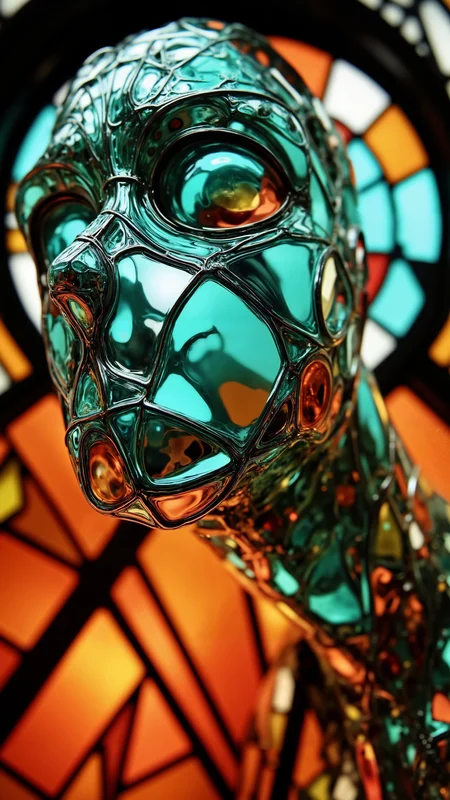 coloring book, Masterpiece close-up, Dutch angle shot of a figure sculpted from molten stained glass, caught mid-pirouette. Use dramatic chiaroscuro lighting filtering through the glass, creating intense internal luminescence and sharp external shadows. Employ a split complementary color harmony (e.g., vibrant teal glass with accents of red-orange and yellow-orange light flares) for dynamic color contrast.