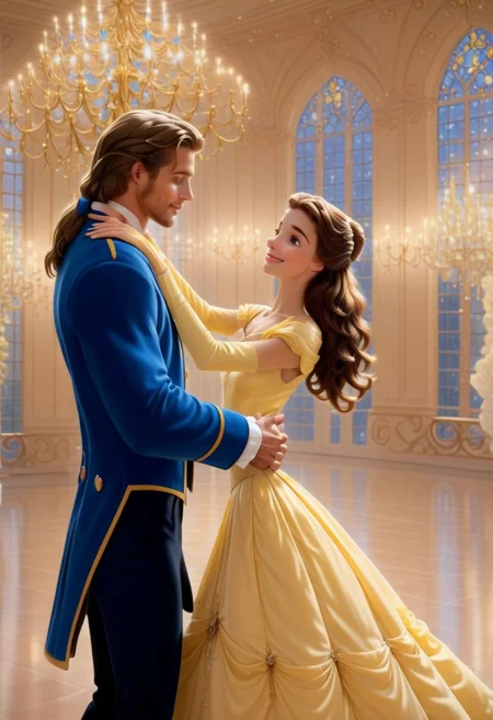 1girl, 1man, original style,
Beautiful Belle, hugging ThePrince, short light princess dress, in ballroom, (ultra detailed cute face, perfect face, beautiful Belle:1.1), romance, hand on his cheek, looking at each other