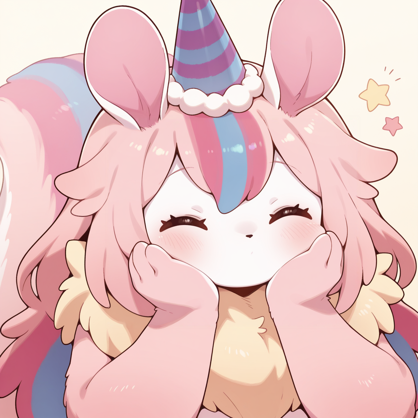 melffy mommy, solo, no humans, 1girl, hands on own cheeks, closed eyes, party hat, blush, simple background, star \(symbol\), ^ ^, animal focus, upper body, pink fur, animal nose, no mouth,
masterpiece,best quality,amazing quality,very aesthetic,absurdres,newest,<lora:Melffy Mommy illuXL v1.1:0.75>,