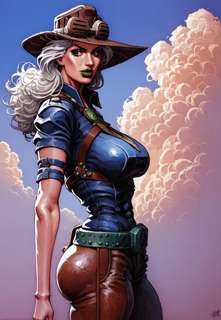 safe_pos, score_9, score_8_up, score_7_up, cel-shading,looking back, from behind, side view, side boob, side ass, rivals, arcan3styl3v1, gyrogirl, MYLF, milf, motherly, mature female, hat with goggles, green lips, cape, ((chest harness, leather straps)), navy shirt, groin, chaps, hip cutout, belt, low-raise pants, cloudy background, tilting, jojo pose, SHARP_DETAIL, HDR, TEXTURES, DETAILED_TEXTURE, UNSHARP, CRISP_DETAIL, DYNAMIC REFLECTIONS, high contrast, vivid lighting, rendered artistically, impressive, extremely detailed, ultra realistic, linquivera, rim light, BREAK thick lineart, cel-shading depicted in a dynamic pose with a cel-shading style. The character features bold outlines and distinct, flat color regions with no gradient mesh, maintaining separate color blocks, crossing hatching shading, half tone, tetradic colors