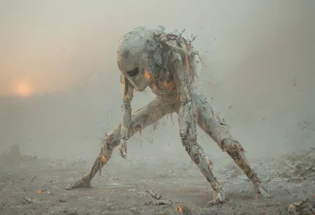 a combat cyborg, damaged, looking at the sunset over a faraway distopian city, colorful, muted rusted eroded paint, looking defeated,