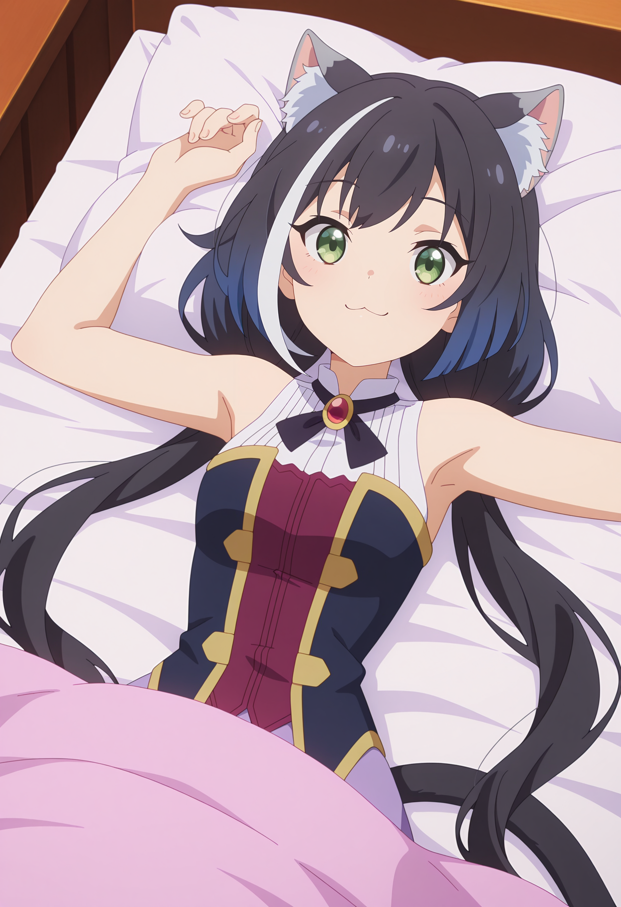 anime screencap, masterpiece, best quality,
<lora:PrincessConnect_Karyl_IlluXL:0.9>,
1girl, solo, closed mouth, :3, smile,
long hair, streaked hair, black hair, white hair, low twintails, green eyes, cat ears, cat tail,
KarylDress, sleeveless dress, multicolored dress, brooch, gold trim,
lying, looking at viewer, outstreched arms,
on bed, pillow, blanket, under covers, from above