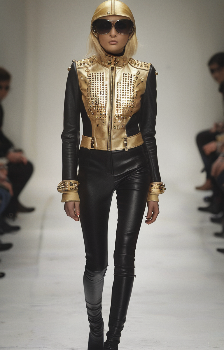 masterpiece,best quality,<lora:tbh321-sdxl:0.9>,illustration,style of Andre Courreges Edgy Versace leather jacket with gold studs, rock-chic style, urban nightlife setting