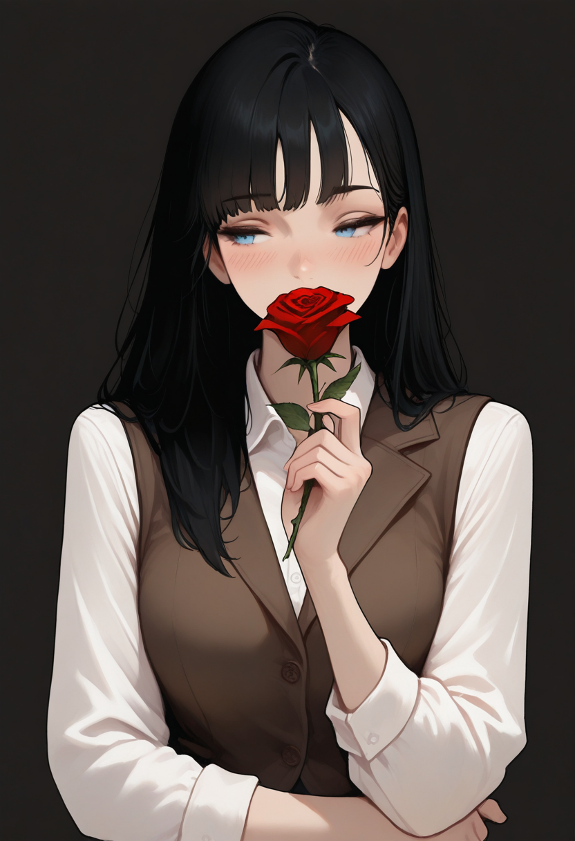 masterpiece, best quality, very aesthetic, Eleanor \(people's works\), 1girl, solo, facing viewer, looking to the side, hand up, hand on own elbow, holding rose, simple background, looking to the side, blush, upper body, stylized