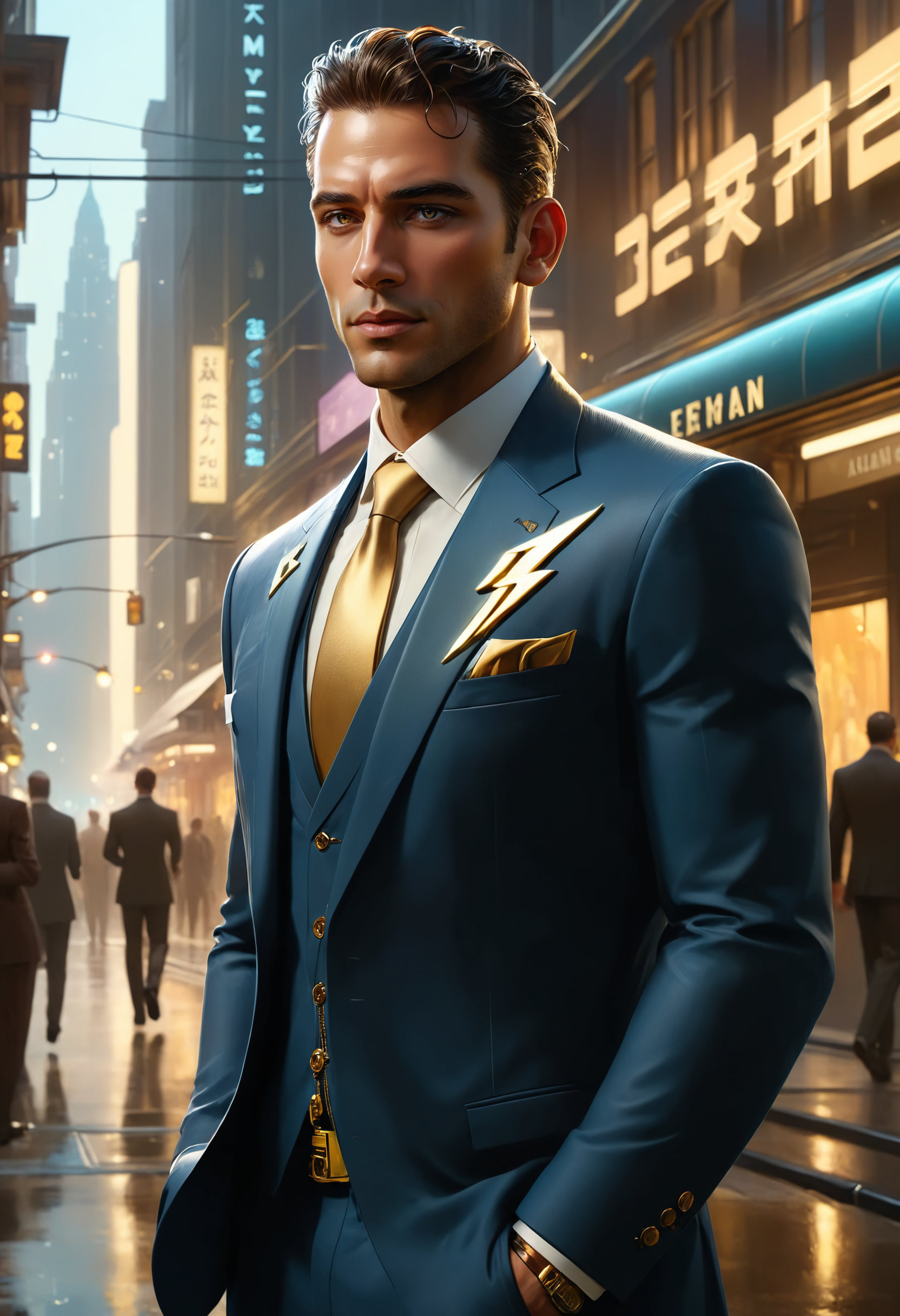 streetscape art designed by Jeremy Mann and Atey Ghailan, portrait art, Rich science fiction scene, in warm formal suit, detailed, masterpiece, cinematic lighting, Polychromatic
<lora:dvr-bzz:0.8> dvr-bzz