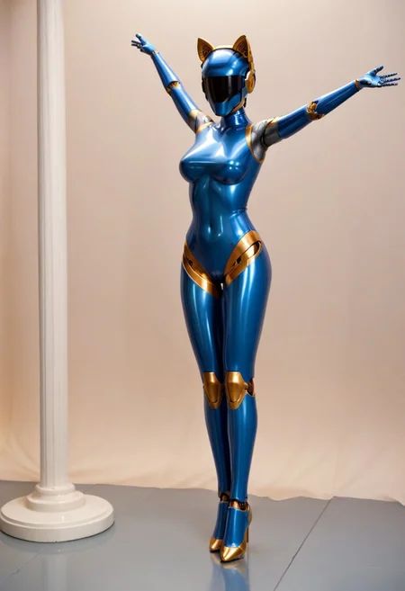 solo, A 35mm full length photo of a beautiful 20 year old woman, she is a humanoid robot , robotic body, freckles, smooth featureless grey robotic skin, robotic aerials, metallic dark blue hair, elegant metallic blue latex bodysuit with gold trim, catlike robotic ears, jetpack, flying through the sky
TheFaceLess, mannequin, faceless, egghead