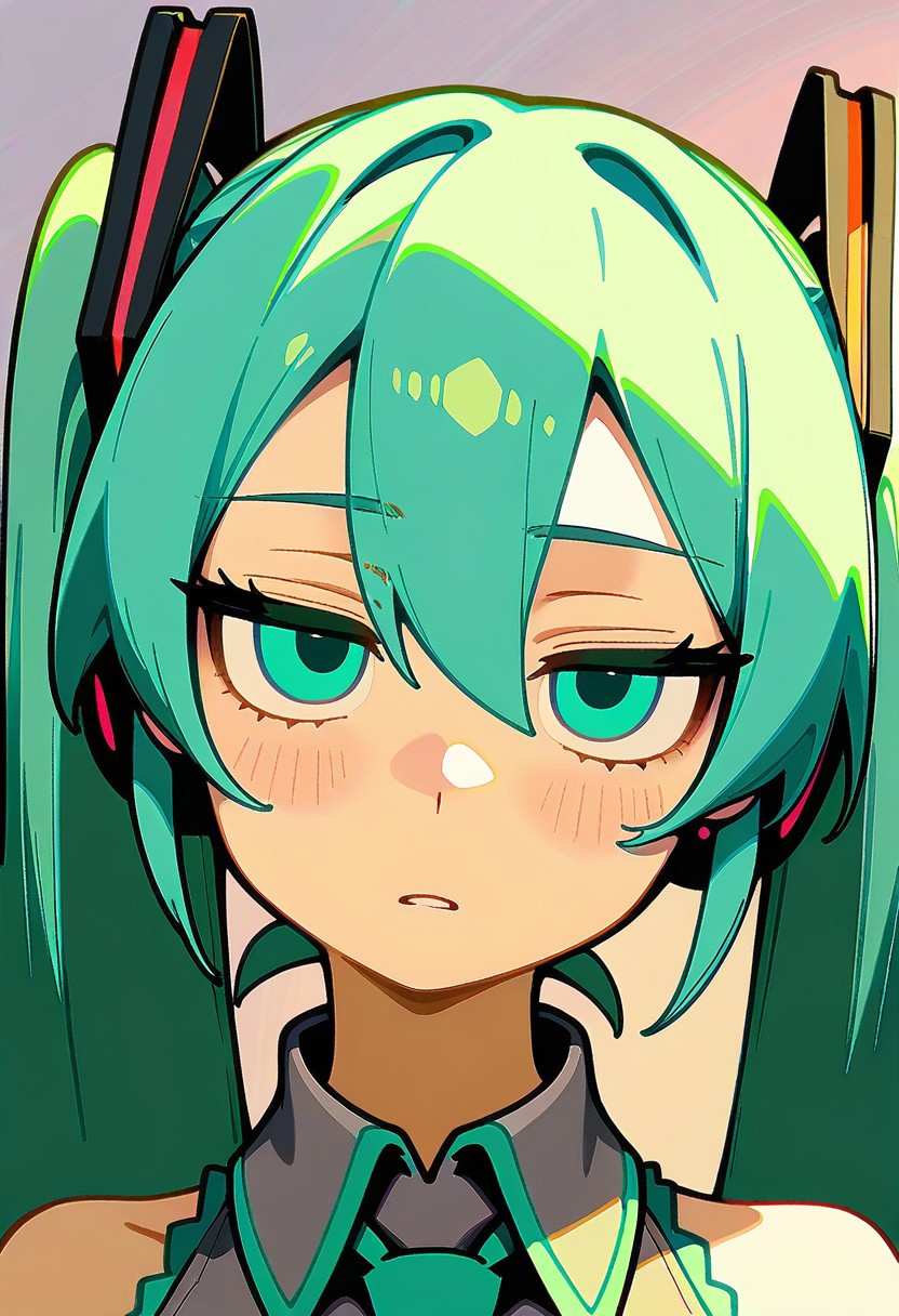 masterpiece,best quality,absurdres, amazing quality, hi res, masterpiece, best quality, detailed, amazing quality, detailed face, detailed eyes, clean eyes, best quality, highres, very aesthetic, newest, ultra-detailed, illustration, (best quality:1.1),ultra-detailed, high resolution, super detailed skin, beautiful detailed eyes, nsfw, Brightly Lit, Highly Visible, 8k, sharp focus, beautiful, perfect lighting, beautiful eyes, anatomically correct, anatomically correct face, extremely detailed eyes, smooth edges, beautiful face, symmetrical eyes, symmetrical face,
BREAK  Little_netizen, disdainful eyes, 1girl, hatsune miku, close up, portrait, eyes focus:0.5