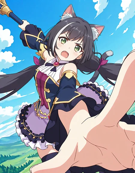 (karyl (priconne),streaked hair,multicolored hair,black hair,white hair,very long hair,low twintails,bangs,purple bow,green eyes,fang,cat girl,animal ear fluff,cat ears,cat tail,sleeveless shirt,long wide frilled detached sleeves,bare shoulder,purple frilled skirt,black thighhighs,holding staff,serious,,1girl),sky,cloud,day,
(dynamic pose,dynamic angle,foreshortening,pov,close to viewer:2),
looking at viewer,
medium breasts,
perky breasts,realistic proportions,natural looking breasts,explicit,hair between eyes,strong outlines,clean lineart,harsh lines,slim,curvy,(narrow waist:0.1), wide hips,thick thighs,detailed body,skindentation,matte skin,smooth skin,deep skin,soft brightness,detailed mouth,kawaii,moe face,
(anime screencap),(anime coloring:1.2),anime style, Japanese anime, cel-shading, clean lineart, vibrant colors, sharp facial features, 2D illustration, anime screencap style,anime background scenery,detailed linework,intricate details,(masterpiece,best quality,amazing quality),IllusP0s,(very aesthetic,absurdres:1.2),16k,highres,perfect hands,five fingers,detailed hands,
<lora:ããªã³ã»ã¹ã³ãã¯ãReDiveãã£ã«illustriousPrincess_Connect_ReDivekarylillustrious:1:0.8>