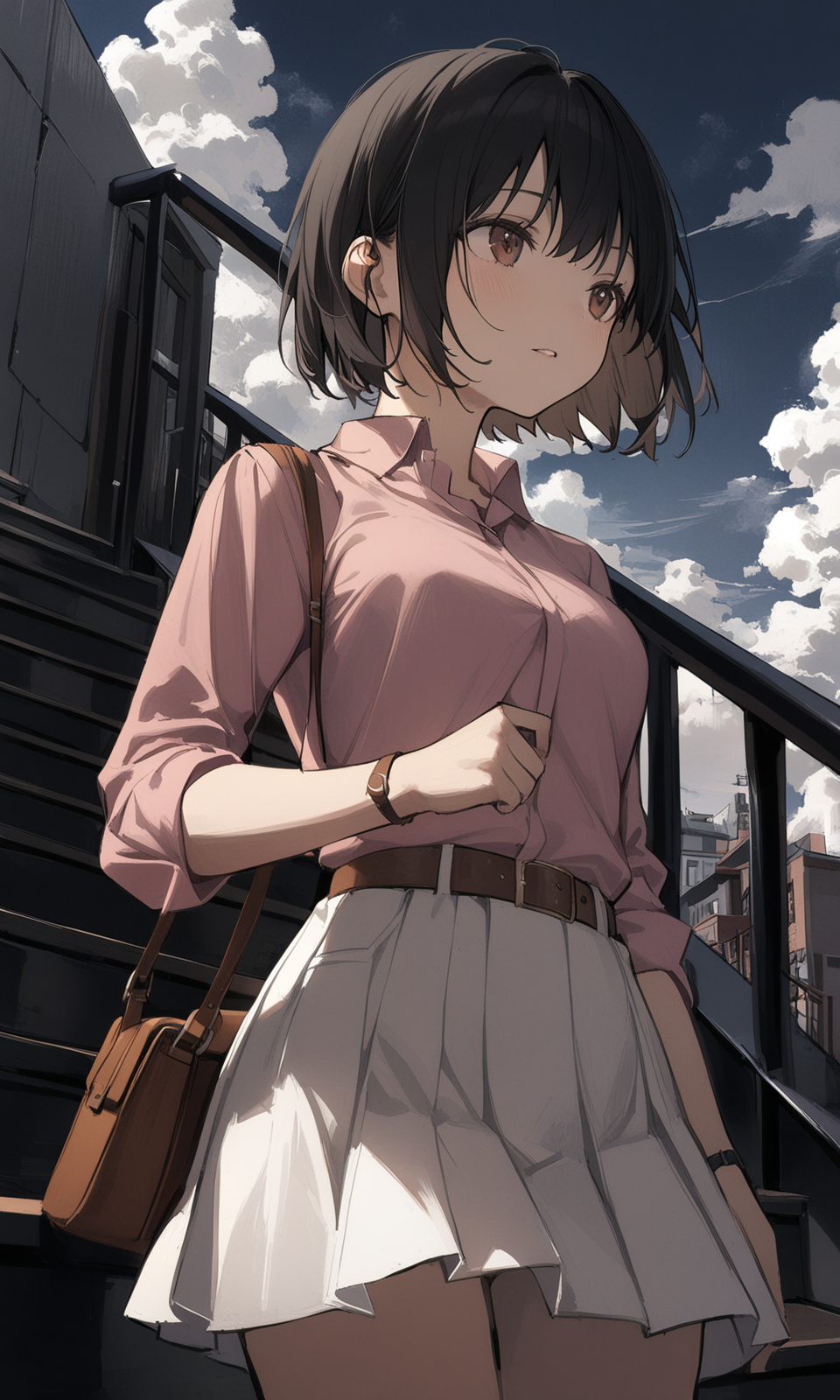 1girl, safe, solo, short hair, shirt, skirt, black hair, brown eyes, outdoors, parted lips, sky, collared shirt, belt, cloud, bag, white skirt, pink shirt, handbag, stairs, brown belt