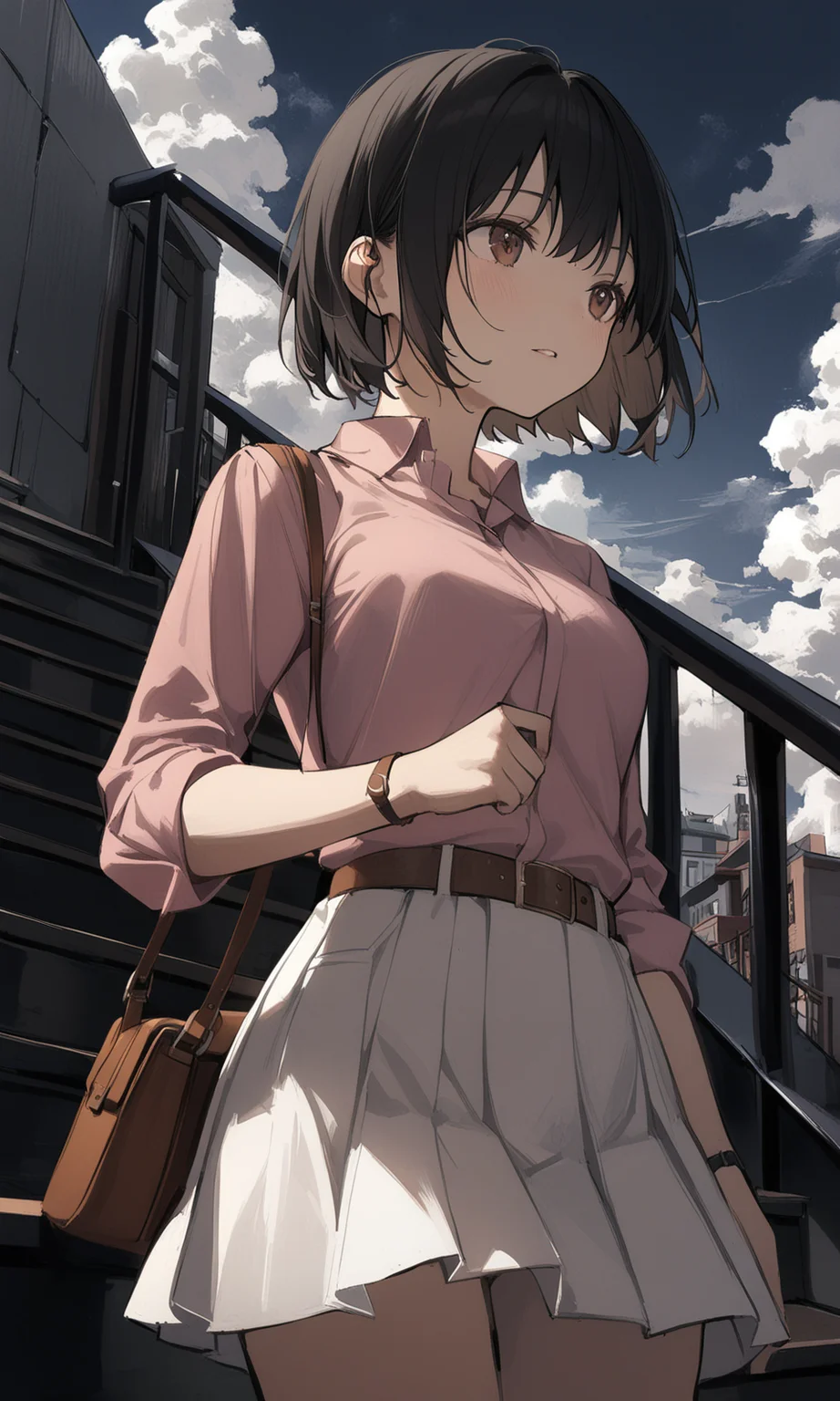 1girl, safe, solo, short hair, shirt, skirt, black hair, brown eyes, outdoors, parted lips, sky, collared shirt, belt, cloud, bag, white skirt, pink shirt, handbag, stairs, brown belt