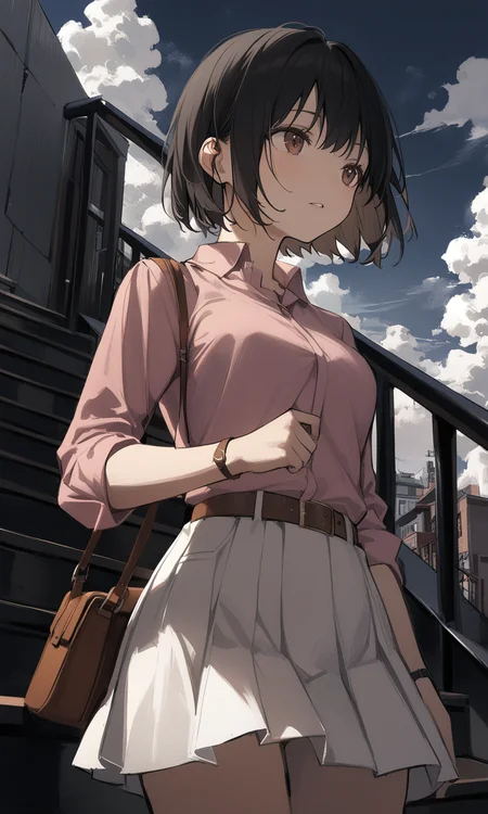 1girl, safe, solo, short hair, shirt, skirt, black hair, brown eyes, outdoors, parted lips, sky, collared shirt, belt, cloud, bag, white skirt, pink shirt, handbag, stairs, brown belt