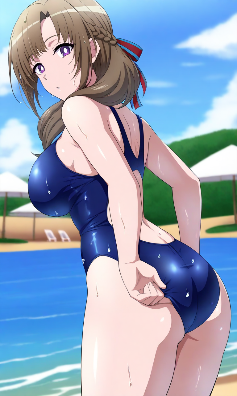 masterpiece, best quality, high resolution, absurdres, 1girl, oosuki_mamako, purple_eyes, brown_hair, long_hair, white_pupils, french_braid, large_breasts, hair_ribbon, blue_one-piece_swimsuit, wet, adjusting_clothes, ass, looking_at_viewer, beach, outdoors, sky, from_behind